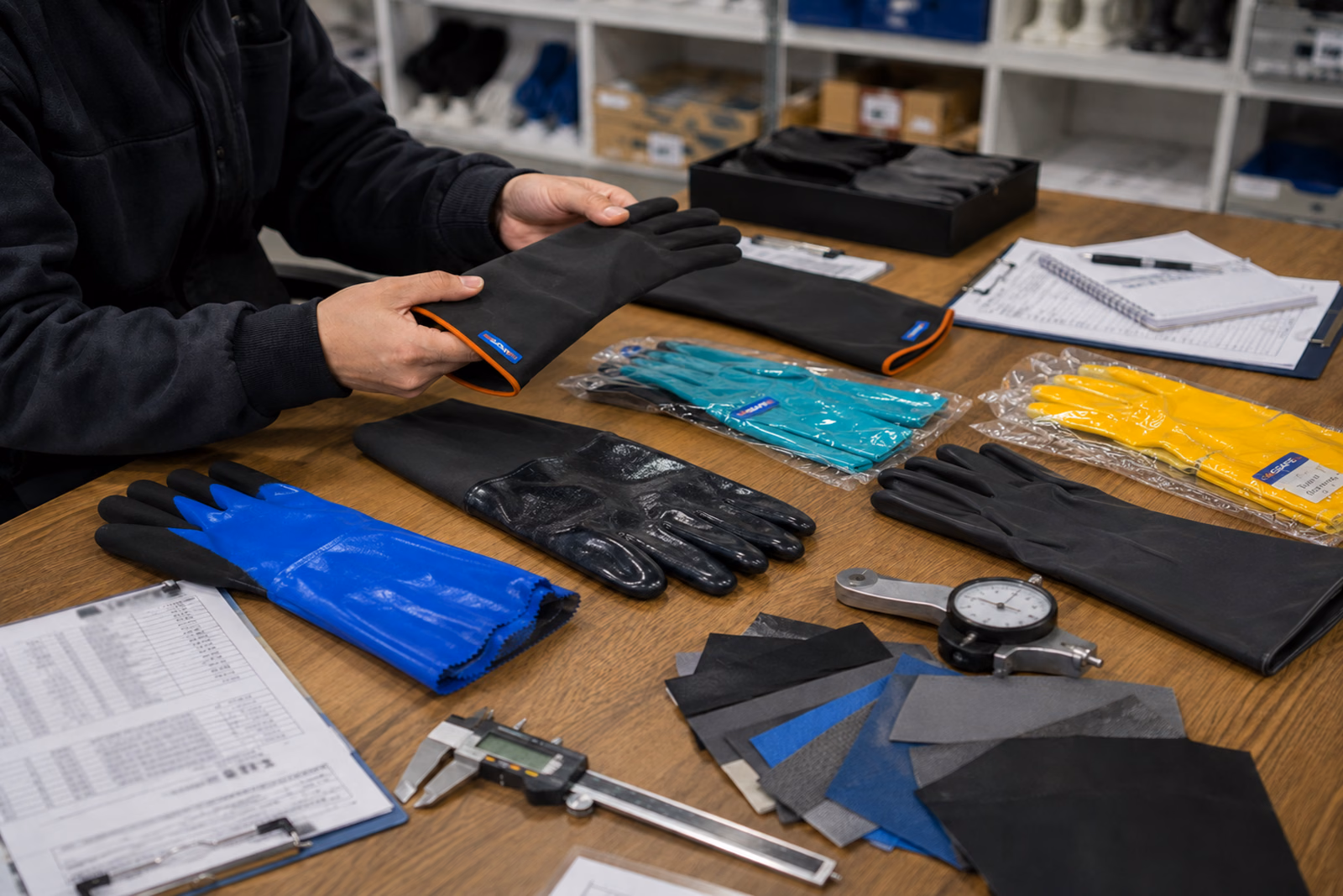 Amostras de luvas de neoprene sobre mesa técnica em ambiente industrial.
