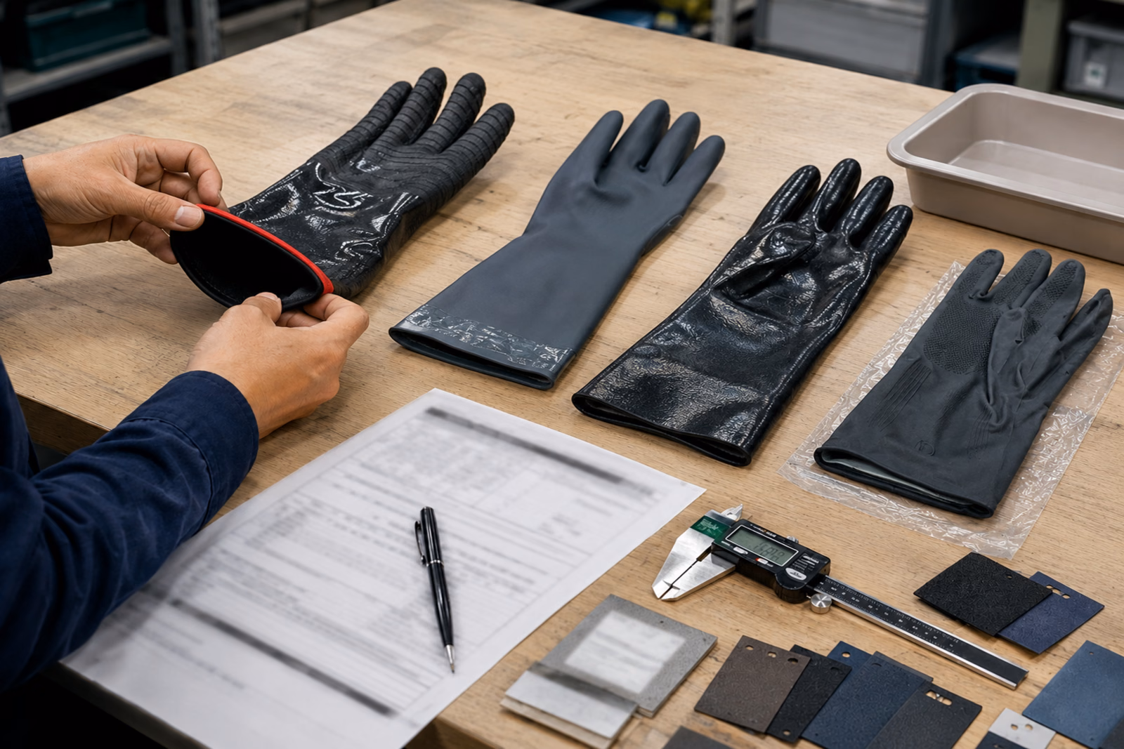 Comparação visual entre luvas de neoprene e luvas nitrílicas em mesa de análise.
