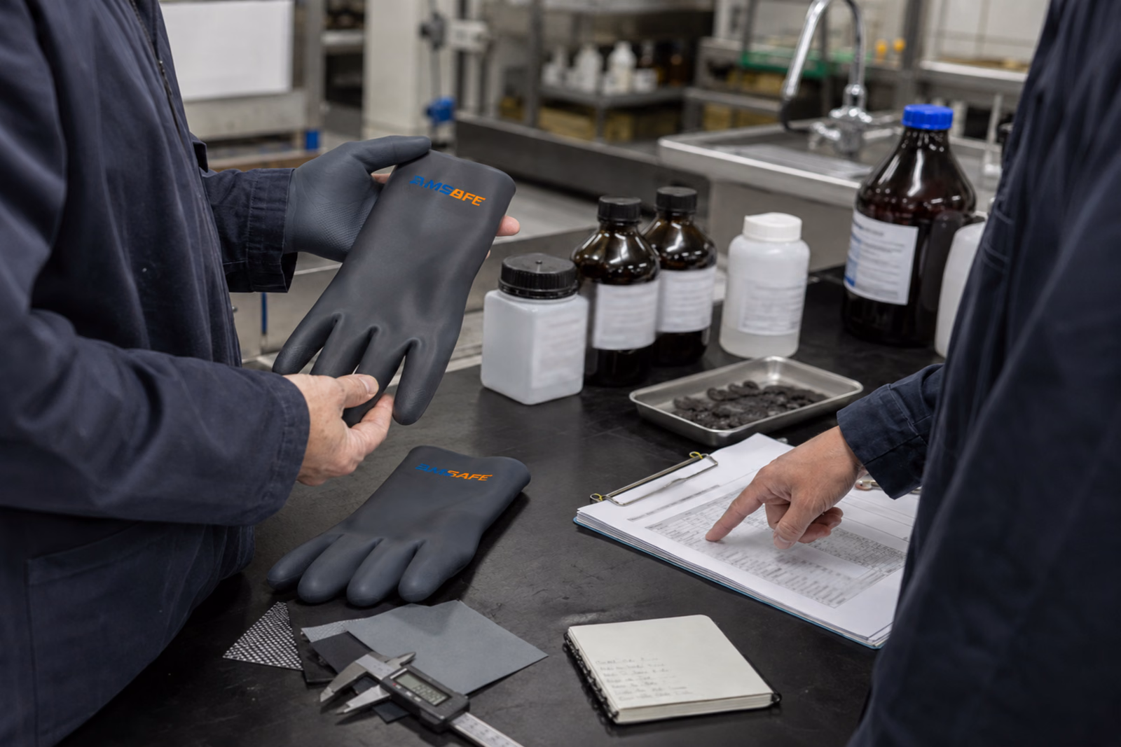 Equipe técnica avaliando luvas de neoprene para resistência química.