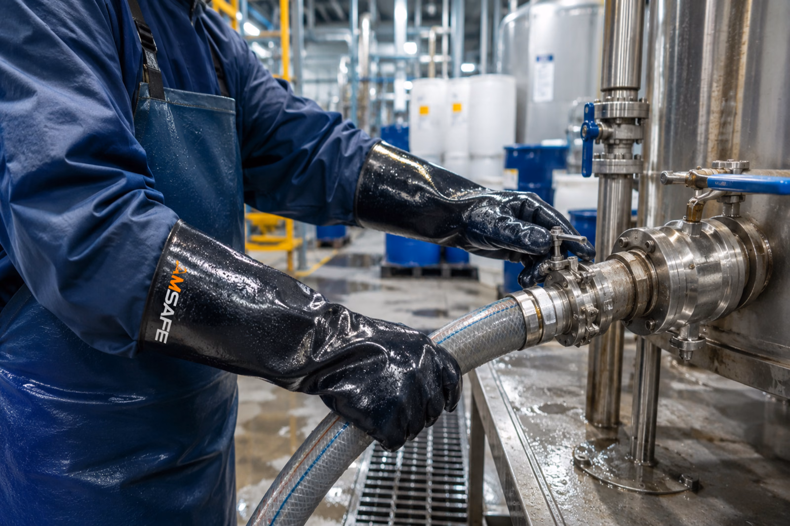 Luvas de neoprene em uso industrial para proteção das mãos contra produtos químicos e líquidos.
