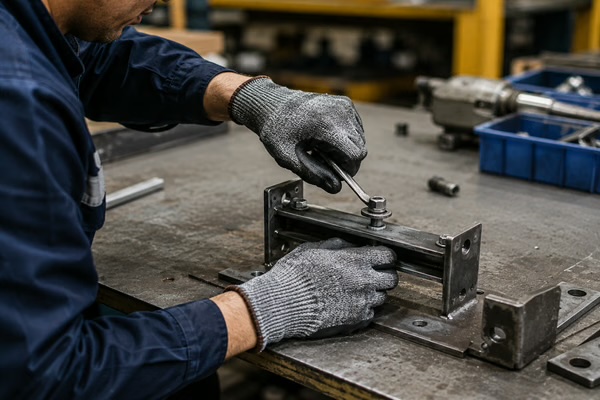Luvas de segurança sendo usadas em uma tarefa industrial