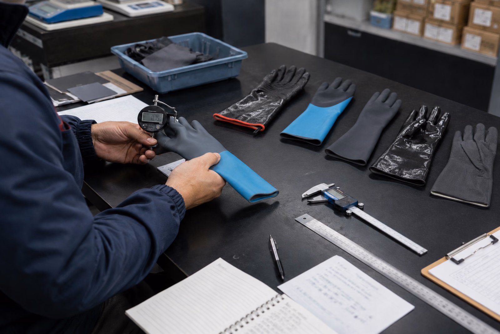 Processo de validação de amostras de luvas de neoprene em controle de qualidade.