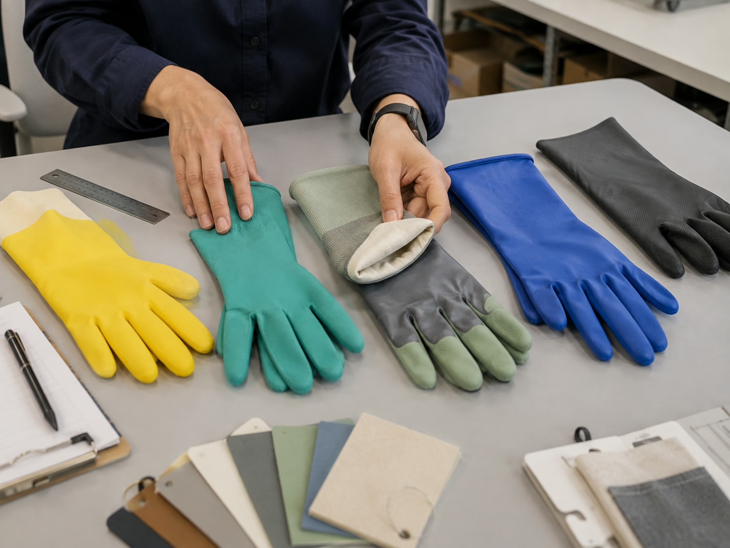 Diferentes tipos de luvas para limpeza doméstica organizados para comparação de produtos.