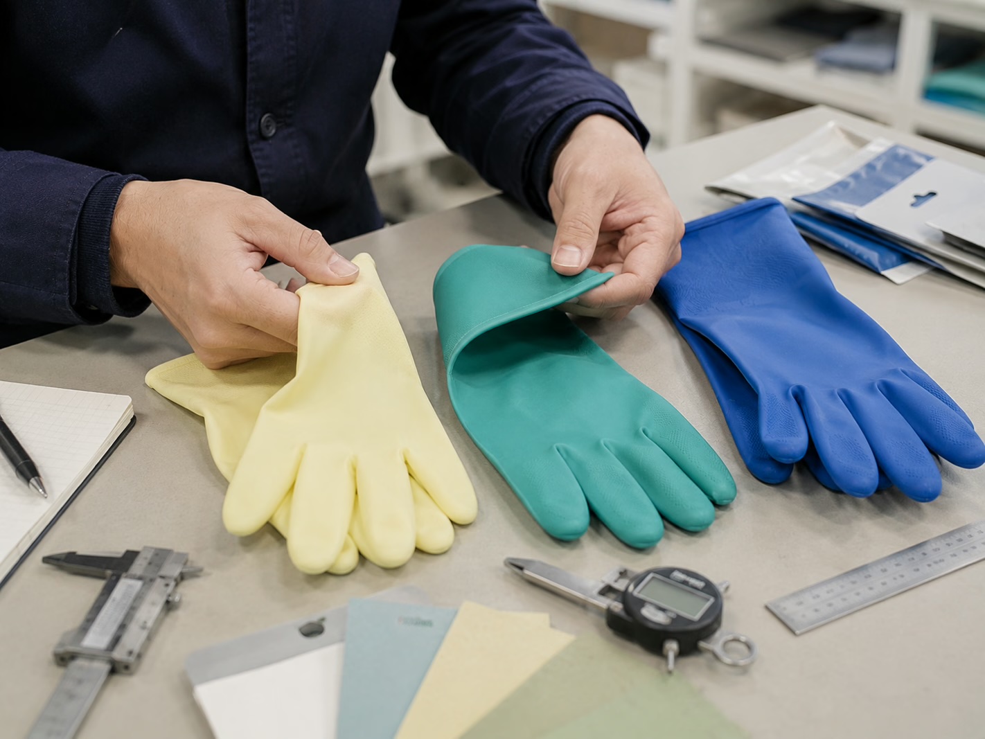 Comprador comparando luvas de látex, nitrilo e borracha por material e textura.
