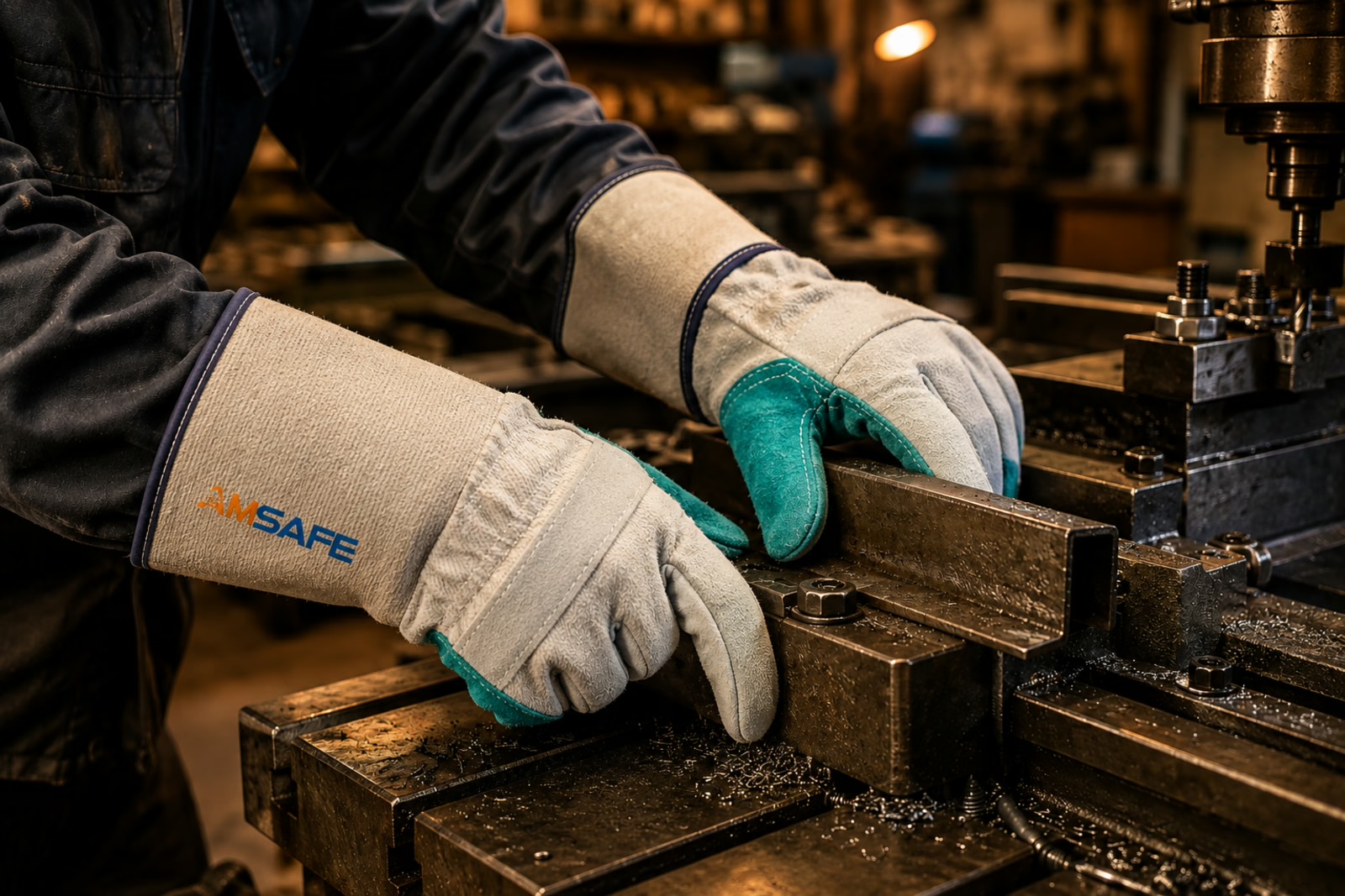 Luvas de raspa protegendo as mãos durante o manuseio de materiais metálicos abrasivos.