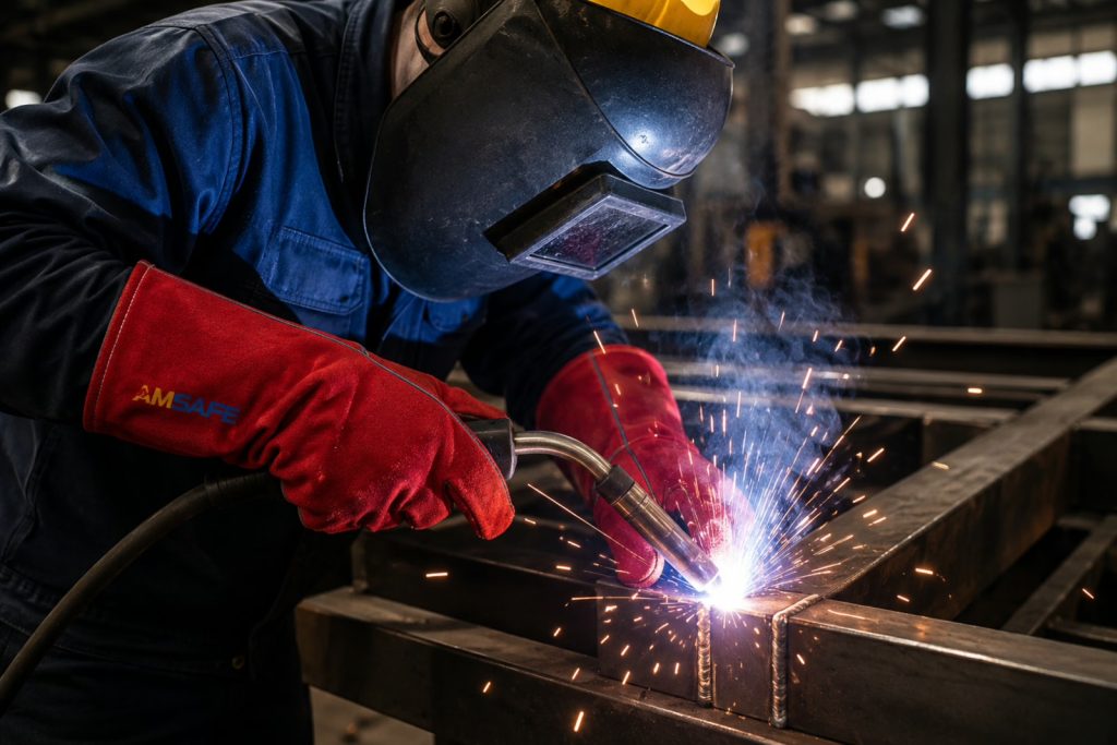 Trabalhador usando luvas de couro de proteção durante soldagem e trabalho com metal em ambiente industrial.